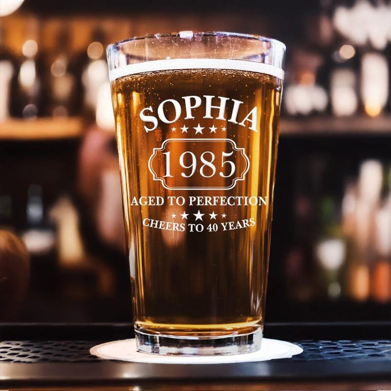 Custom Name And Year Pint Glass | Aged To Perfection Engraved Beer Glass | Birthday Gift