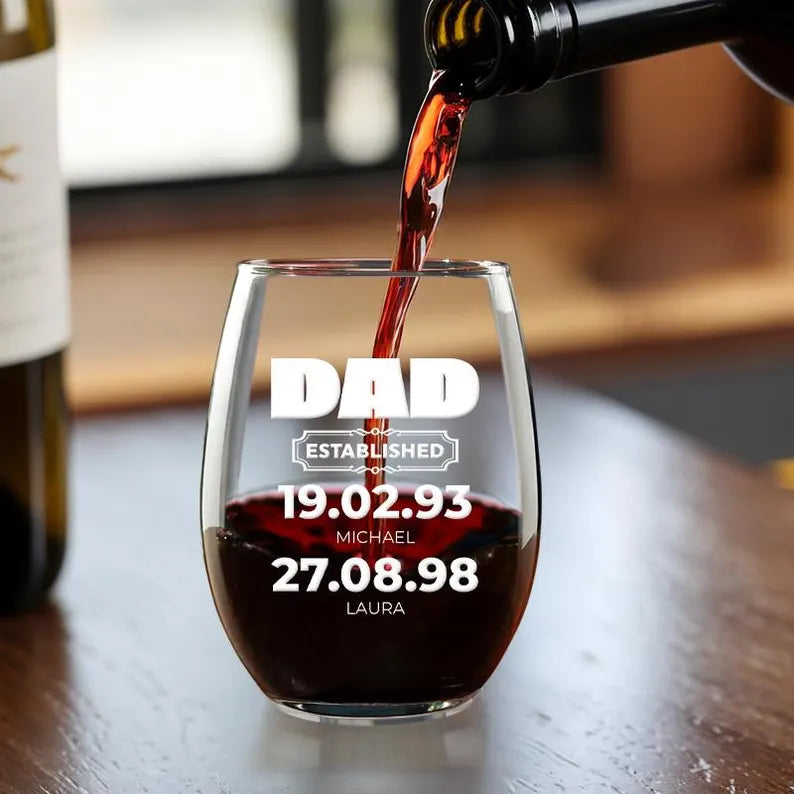 Personalized Dad Est | Grandpa Est Stemless Wine Glass | Fathers Day Gift