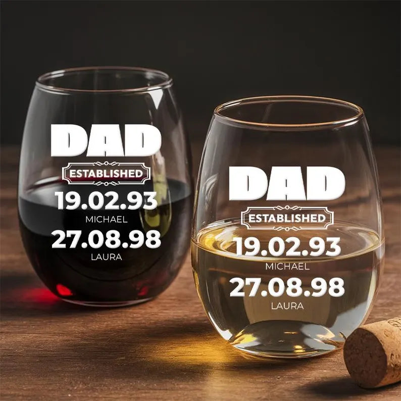 Personalized Dad Est | Grandpa Est Stemless Wine Glass | Fathers Day Gift