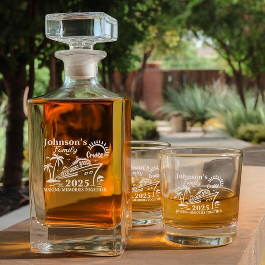 Personalized Family Cruise 2025 Name Decanter Set And Whiskey Glasses | Engraved Whiskey Decanter Set | Gift For Family
