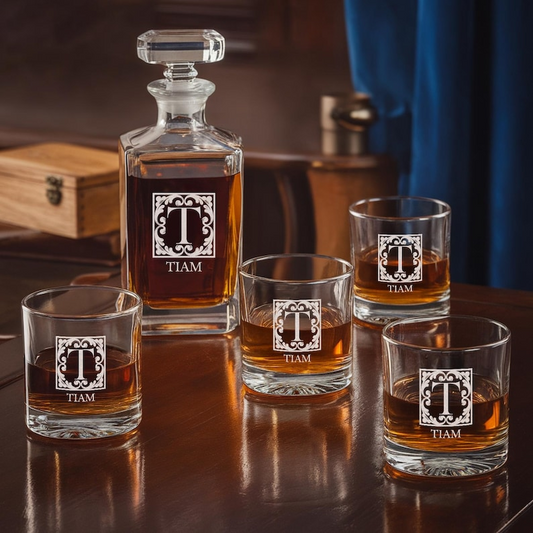 Custom Monogram Initial Letter Name Decanter Set And Whiskey Glasses | Engraved Whiskey Decanter Set | Birthday Gift