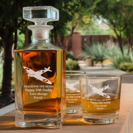 Personalized Name Reach For The Skies Decanter Set And Whiskey Glasses | Engraved Name Whiskey Decanter Set | Gift For Dad