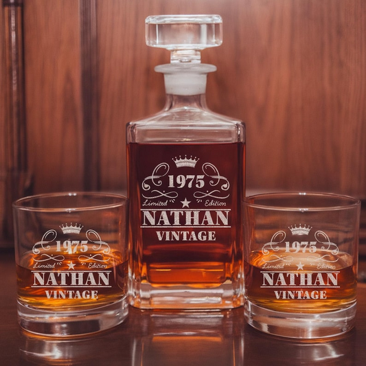 Custom Name And Year Decanter Set And Whiskey Glasses | Engraved Whiskey Decanter Set | Gift For Dad