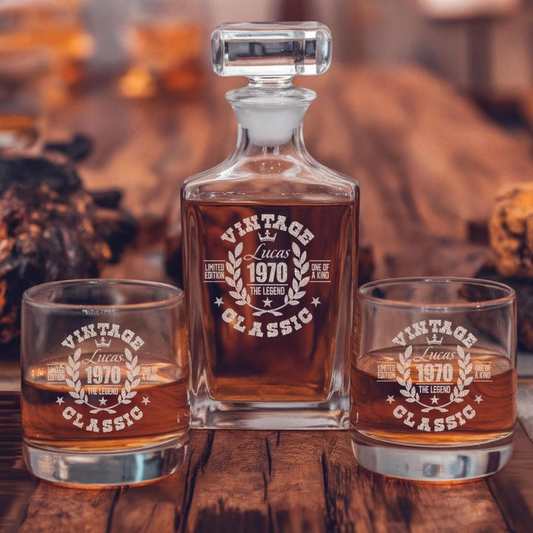Custom Name And Year Decanter Set And Whiskey Glasses | Engraved Whiskey Decanter Set