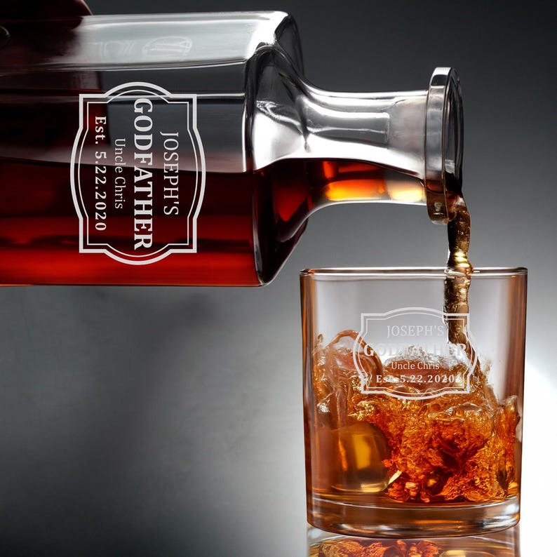 Godfather Custom Name And Year Decanter Set And Whiskey Glasses | Engraved Whiskey Decanter Set | Gift For Dad