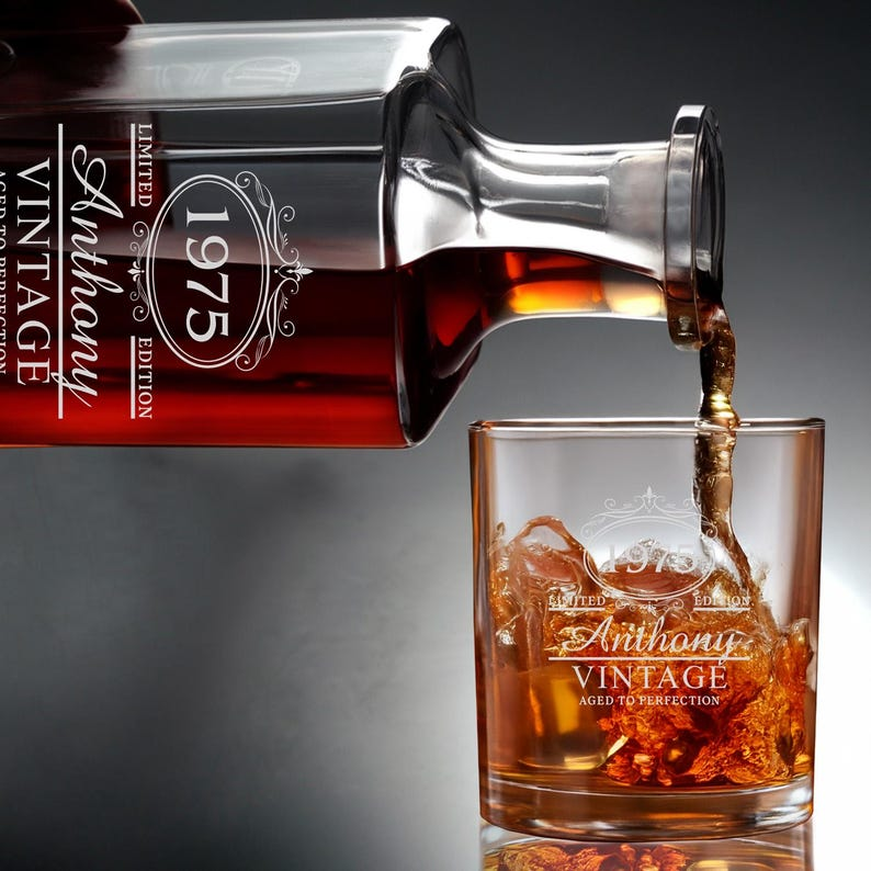 Custom Name And Year Decanter Set And Whiskey Glasses | Engraved Whiskey Decanter Set | Birthday Gift