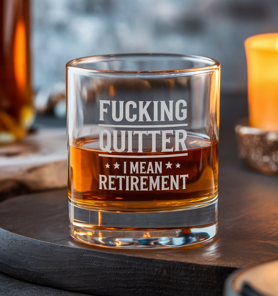 F*cking Quitter I Mean Happy Retirement Whiskey Glass | Funny Retirement Gifts | Engraved Whiskey Glass