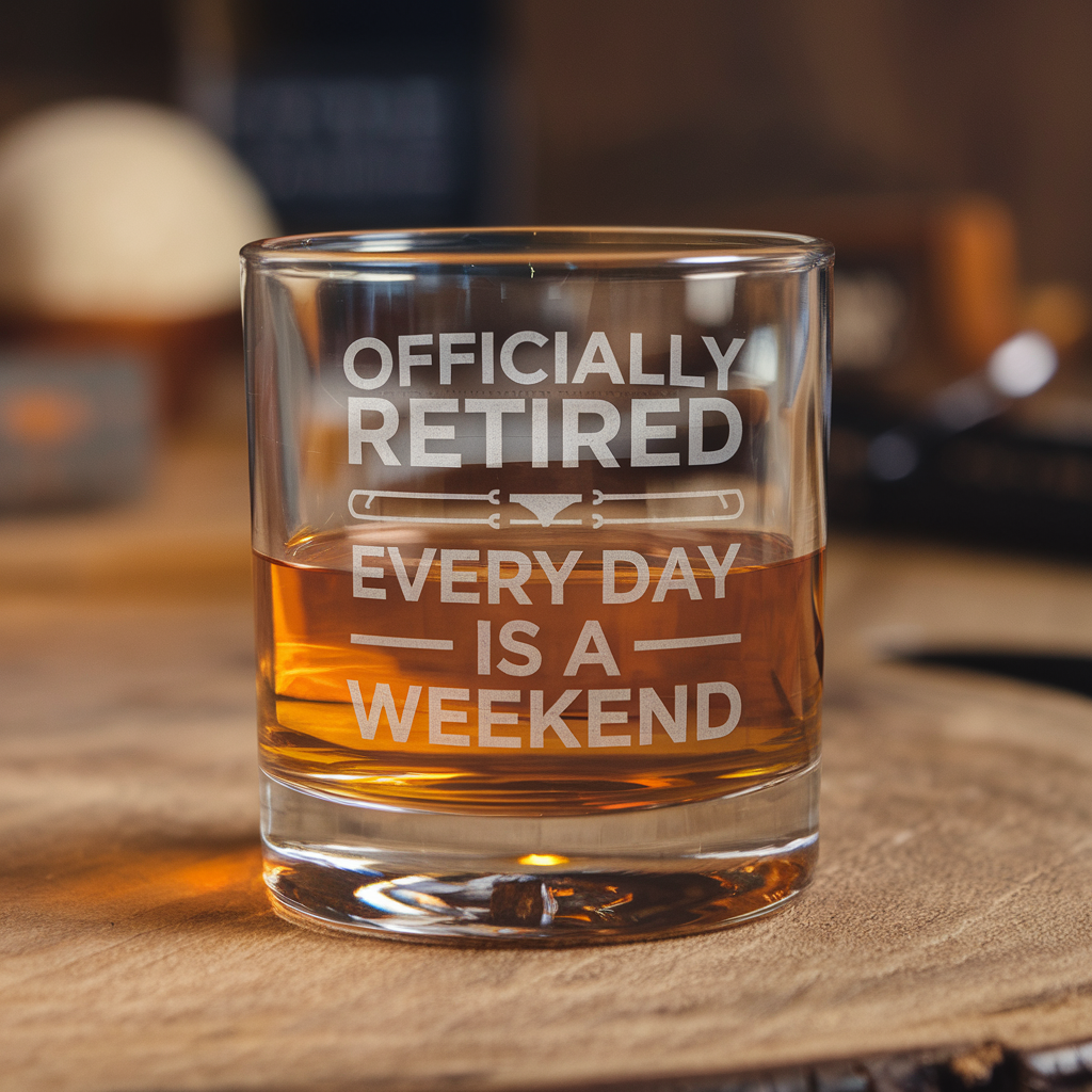 Officially Retired Every Day Is A Weekend Whiskey Glass | Gift For Retirees | Engraved Whiskey Glass