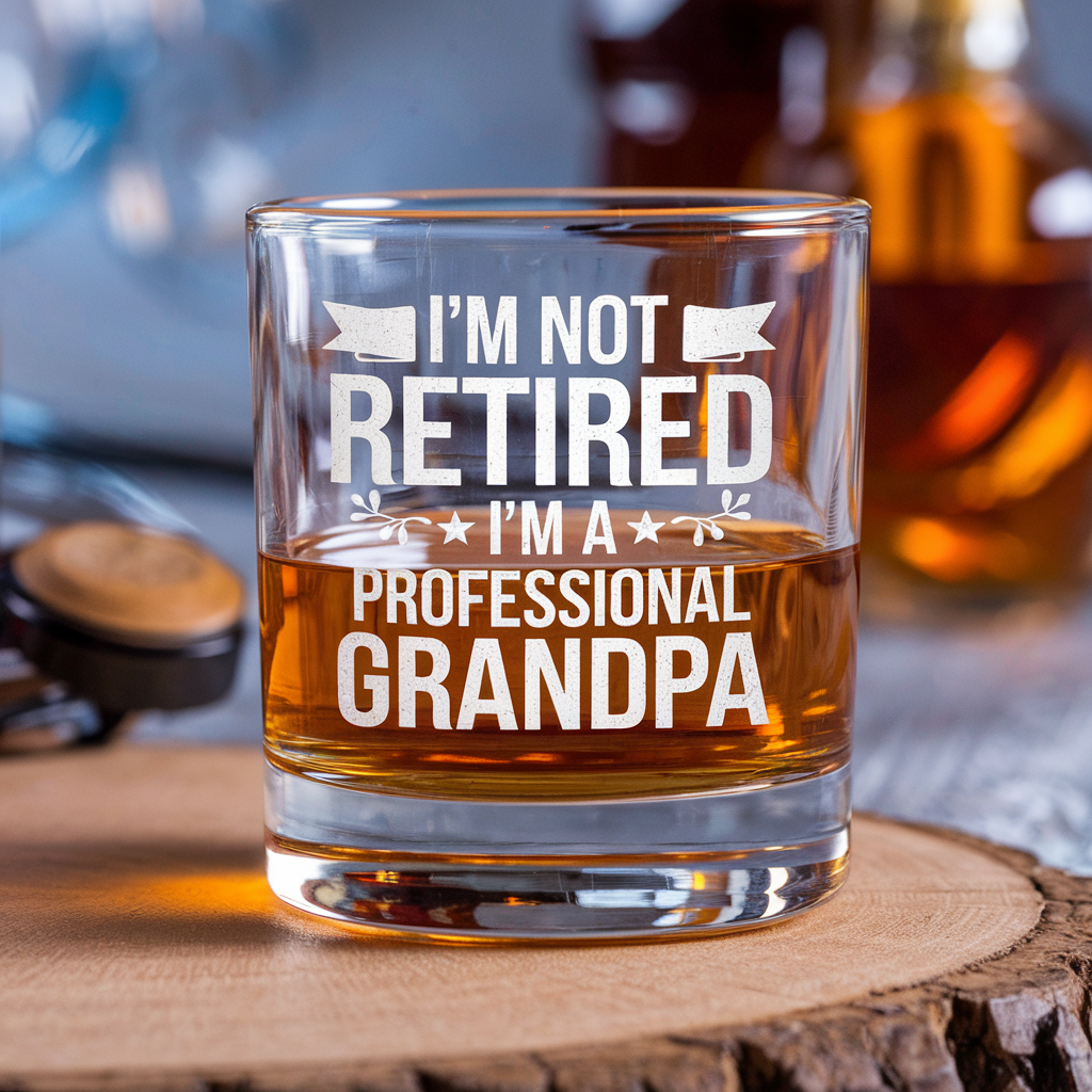I'm Not Retired I'm A Professional Grandpa Whiskey Glass | Retirement Gifts | Engraved Whiskey Glass