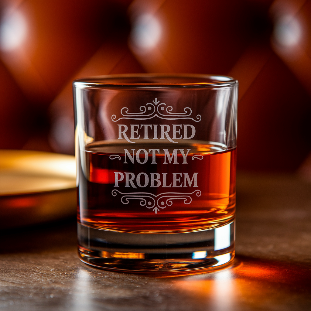 Retired Not My Problem Whiskey Glass | Funny Retirement Gifts | Engraved Whiskey Glass