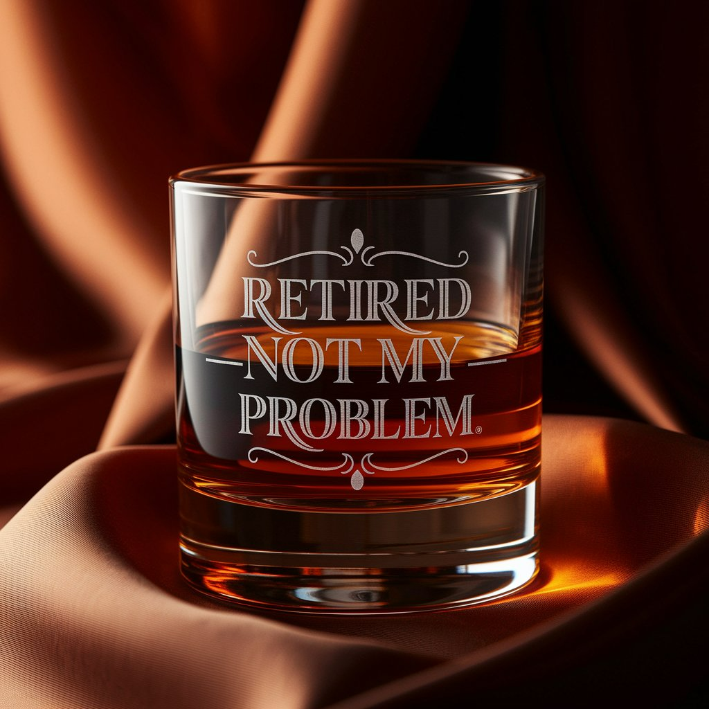 Retired Not My Problem Whiskey Glass | Funny Retirement Gifts | Engraved Whiskey Glass