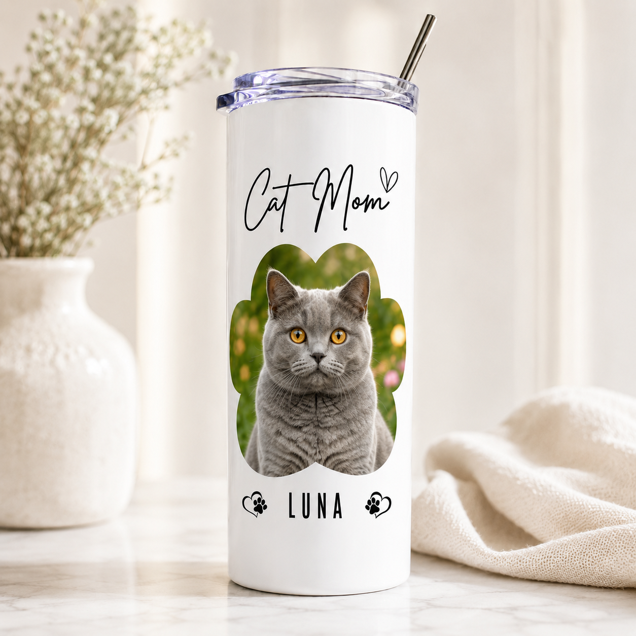 Personalized Cat Mom 20oz Skinny Tumbler – Custom Cat Photo Skinny Tumbler For Woman and Cat Owners TOM99