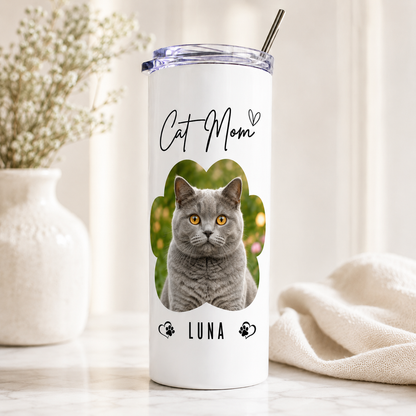 Personalized Cat Mom 20oz Skinny Tumbler – Custom Cat Photo Skinny Tumbler For Woman and Cat Owners TOM99