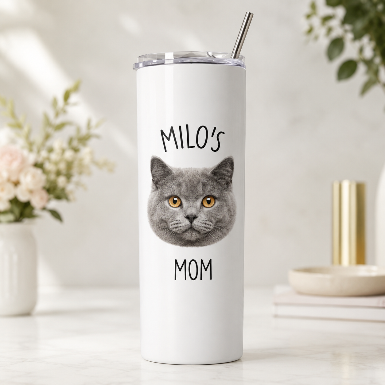 Personalized Photo Cat Mom 20oz Skinny Tumbler – Custom Cat Photo Skinny Tumbler for Woman and Cat Owners TOM99
