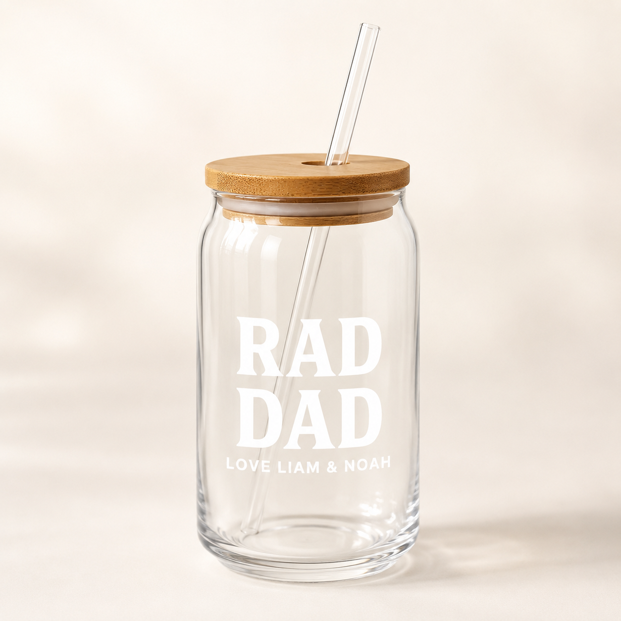 Custom Rad Dad Glass 16oz – Personalized Dad Glass Cup with Bamboo Lid & Straw | Gift For Father  TOM99