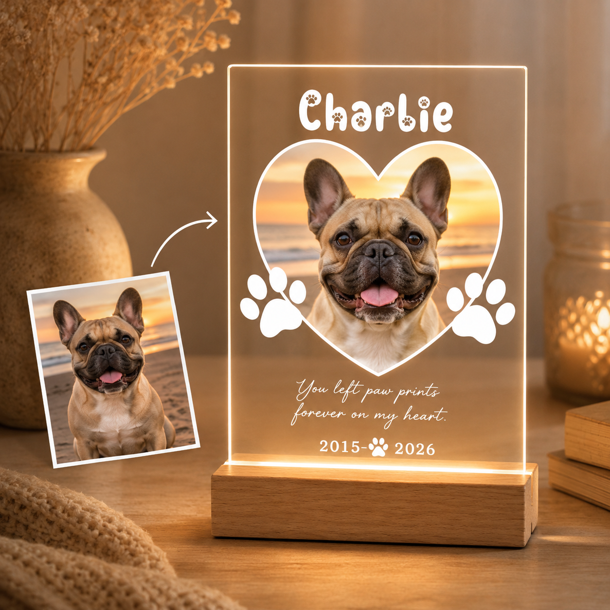 Custom Photo Dog Forever In My Heart Wooden LED Light | Personalized Dog Photo LED Night Light | Pet Loss Sympathy Gift TOM99