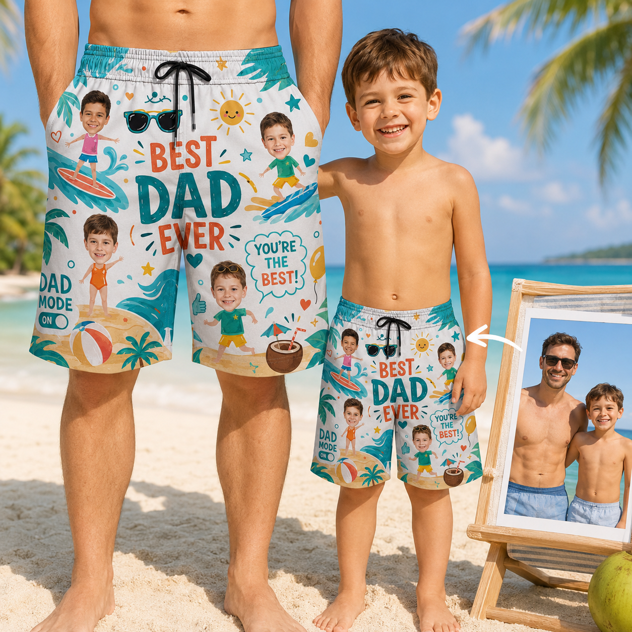 Custom Photo Best Dad Ever Summer Beach Shorts, Personalized Matching Swim Trunks, Tropical Family Vacation Gift