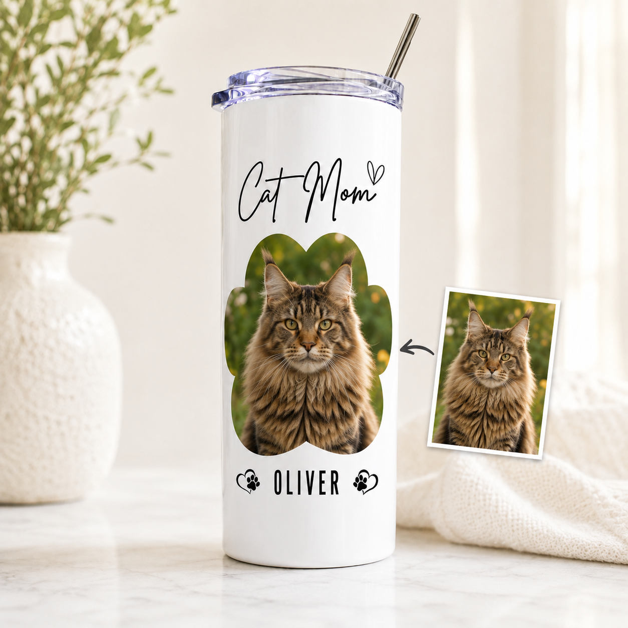 Personalized Cat Mom 20oz Skinny Tumbler – Custom Cat Photo Skinny Tumbler For Woman and Cat Owners TOM99