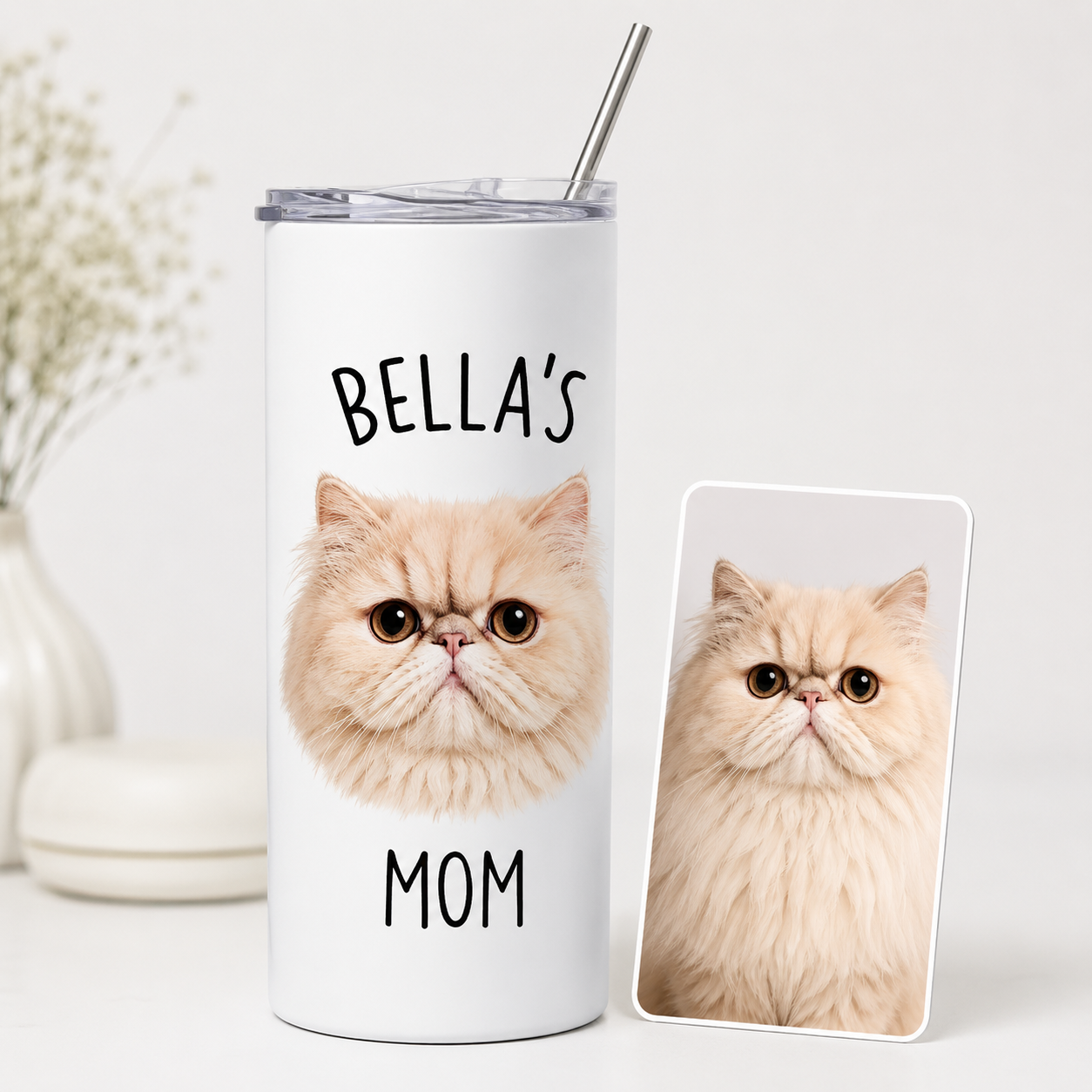 Personalized Photo Cat Mom 20oz Skinny Tumbler – Custom Cat Photo Skinny Tumbler for Woman and Cat Owners TOM99