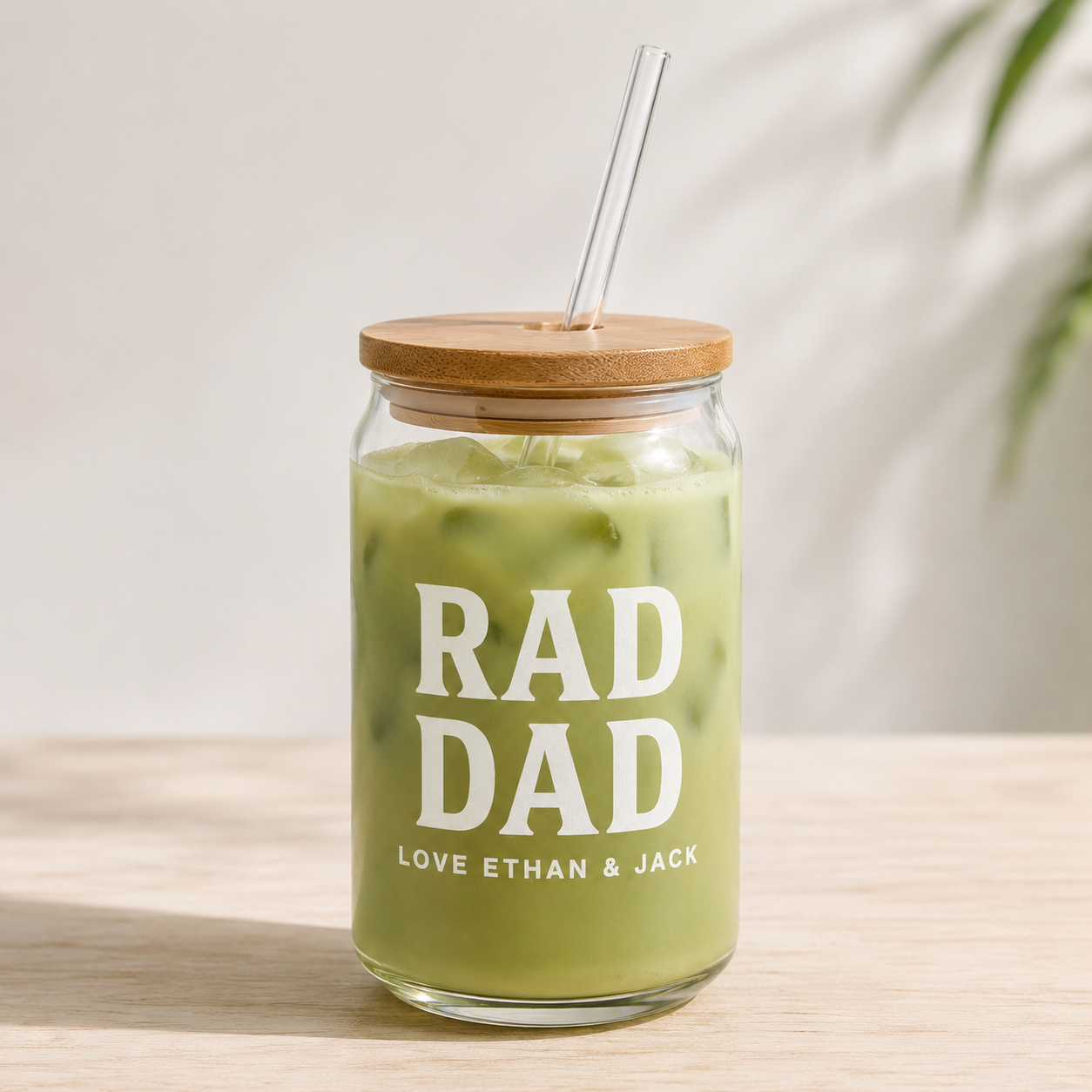 Custom Rad Dad Glass 16oz – Personalized Dad Glass Cup with Bamboo Lid & Straw | Gift For Father  TOM99
