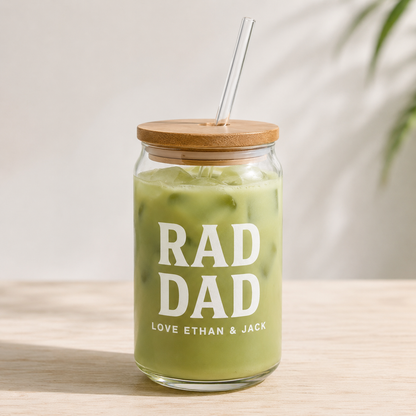 Custom Rad Dad Glass 16oz – Personalized Dad Glass Cup with Bamboo Lid & Straw | Gift For Father  TOM99