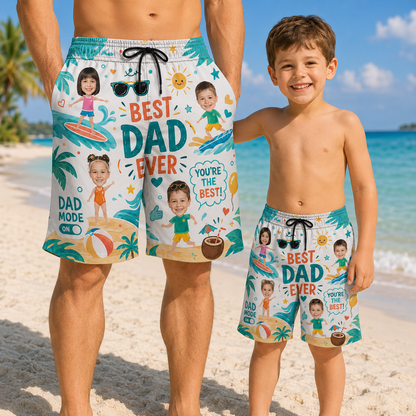 Custom Photo Best Dad Ever Summer Beach Shorts, Personalized Matching Swim Trunks, Tropical Family Vacation Gift