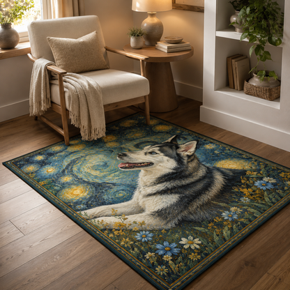 Custom Photo Floral Starry Night Dog Area Rug | Gift For Dog Lovers