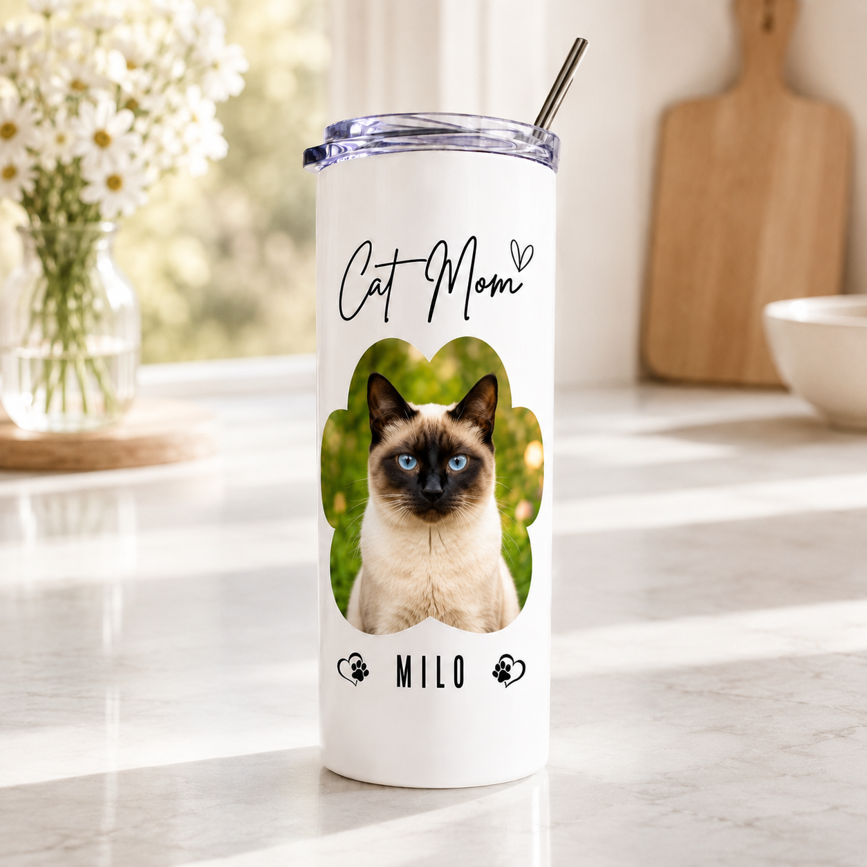 Personalized Cat Mom 20oz Skinny Tumbler – Custom Cat Photo Skinny Tumbler For Woman and Cat Owners TOM99