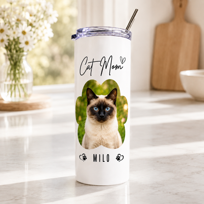 Personalized Cat Mom 20oz Skinny Tumbler – Custom Cat Photo Skinny Tumbler For Woman and Cat Owners TOM99