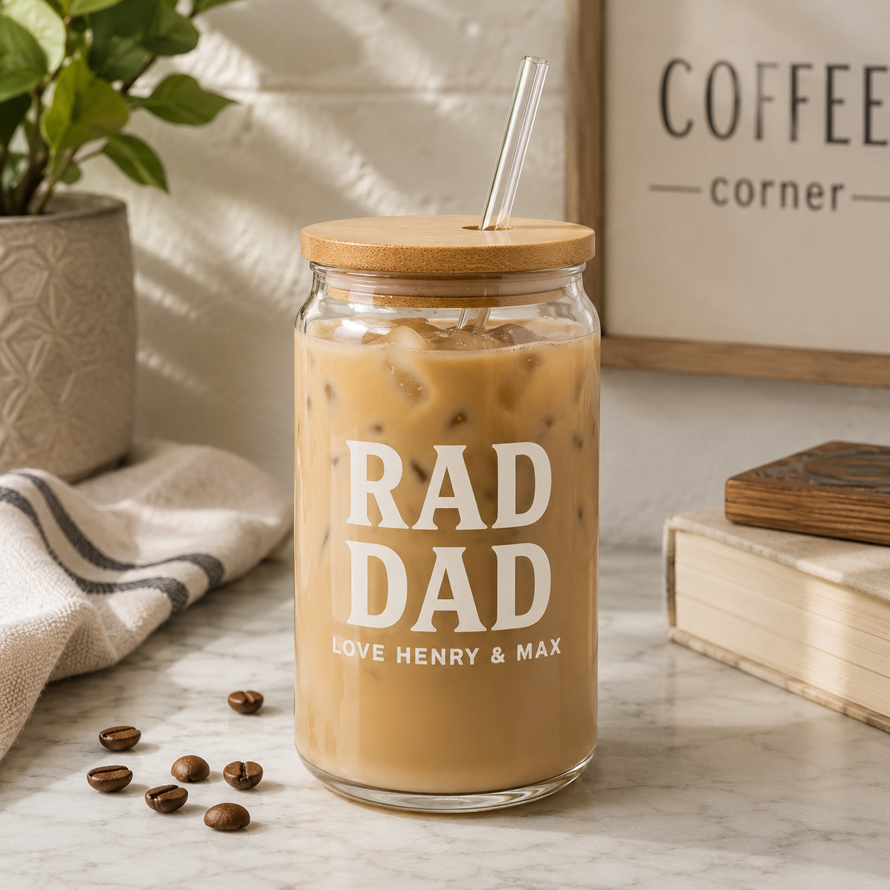 Custom Rad Dad Glass 16oz – Personalized Dad Glass Cup with Bamboo Lid & Straw | Gift For Father  TOM99