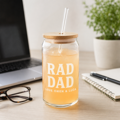 Custom Rad Dad Glass 16oz – Personalized Dad Glass Cup with Bamboo Lid & Straw | Gift For Father  TOM99