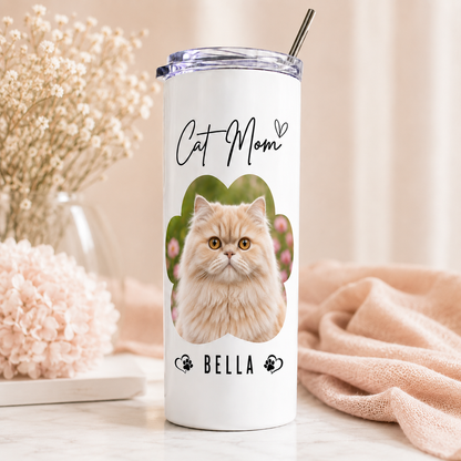 Personalized Cat Mom 20oz Skinny Tumbler – Custom Cat Photo Skinny Tumbler For Woman and Cat Owners TOM99