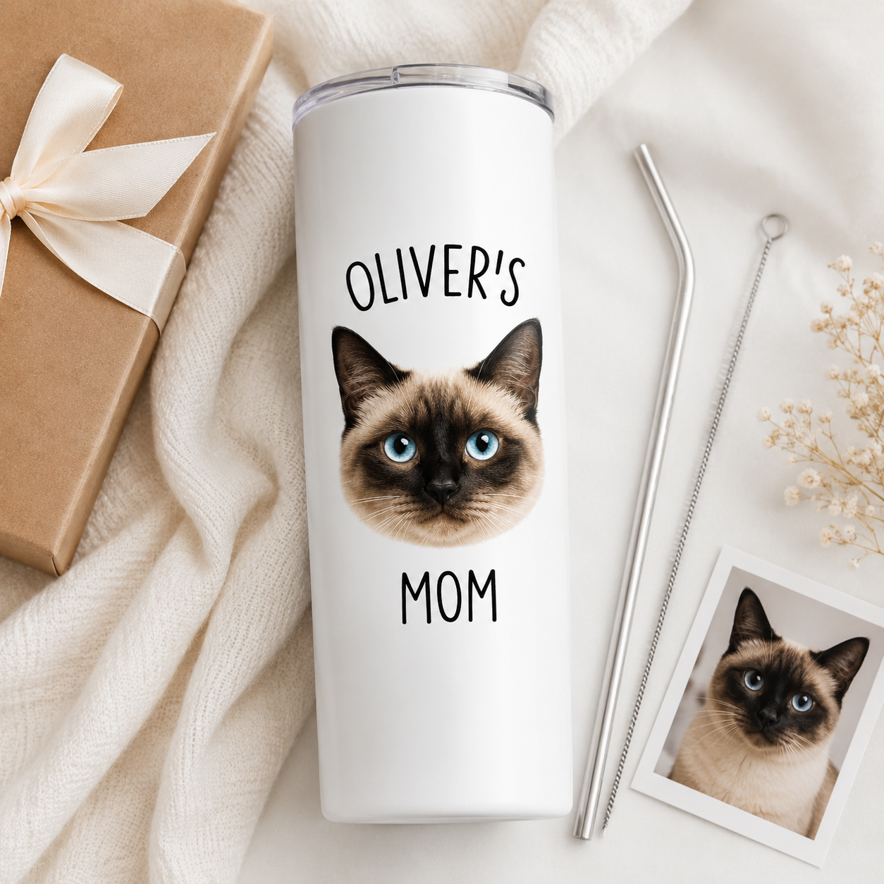 Personalized Photo Cat Mom 20oz Skinny Tumbler – Custom Cat Photo Skinny Tumbler for Woman and Cat Owners TOM99
