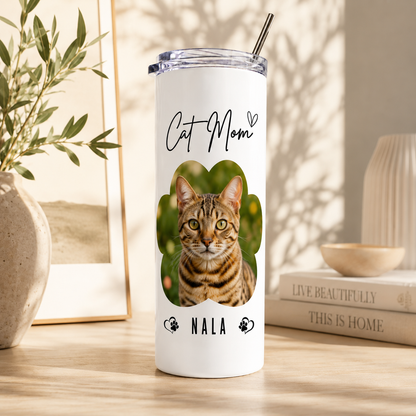 Personalized Cat Mom 20oz Skinny Tumbler – Custom Cat Photo Skinny Tumbler For Woman and Cat Owners TOM99