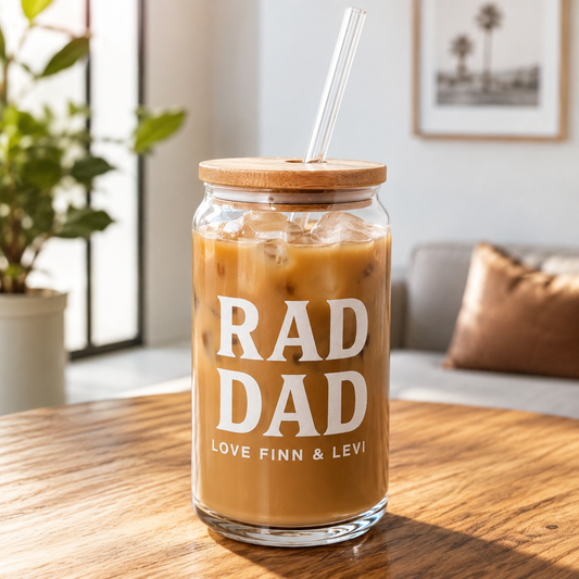 Custom Rad Dad Glass 16oz – Personalized Dad Glass Cup with Bamboo Lid & Straw | Gift For Father  TOM99