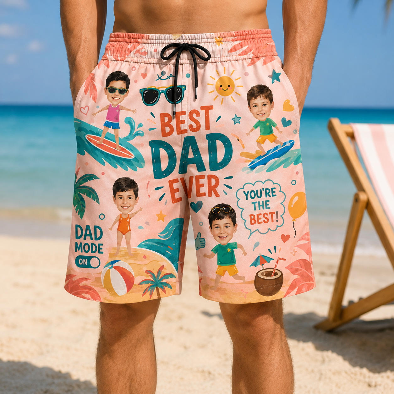 Custom Photo Best Dad Ever Summer Beach Shorts, Personalized Matching Swim Trunks, Tropical Family Vacation Gift