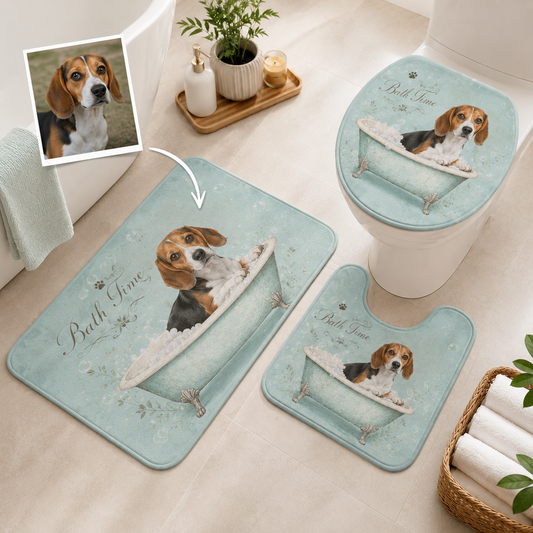 Custom Photo Dog Bath Time 3pcs Bathroom Rug Set | Gift For Dog Lovers | Pet Photo Gifts