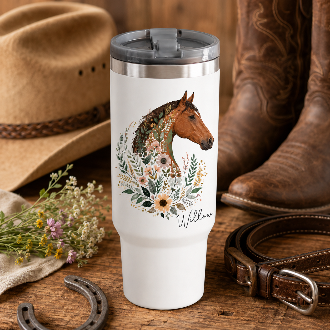 Custom Photo Flower Horse 30oz Tumbler | Gift For Horse Lovers | Pet Lover Gifts TOM99