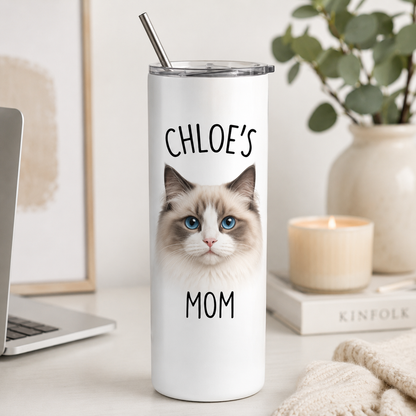 Personalized Photo Cat Mom 20oz Skinny Tumbler – Custom Cat Photo Skinny Tumbler for Woman and Cat Owners TOM99