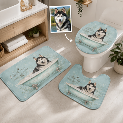 Custom Photo Dog Bath Time 3pcs Bathroom Rug Set | Gift For Dog Lovers | Pet Photo Gifts