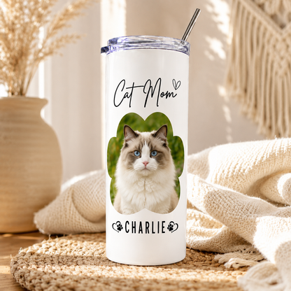 Personalized Cat Mom 20oz Skinny Tumbler – Custom Cat Photo Skinny Tumbler For Woman and Cat Owners TOM99