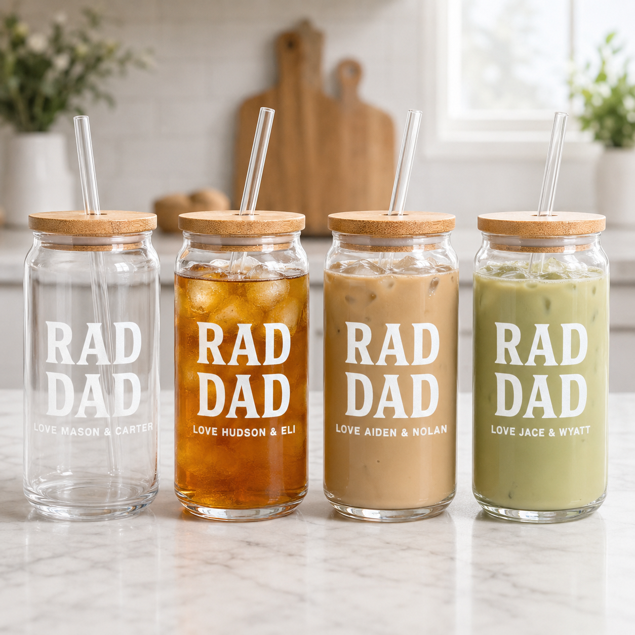 Custom Rad Dad Glass 16oz – Personalized Dad Glass Cup with Bamboo Lid & Straw | Gift For Father  TOM99