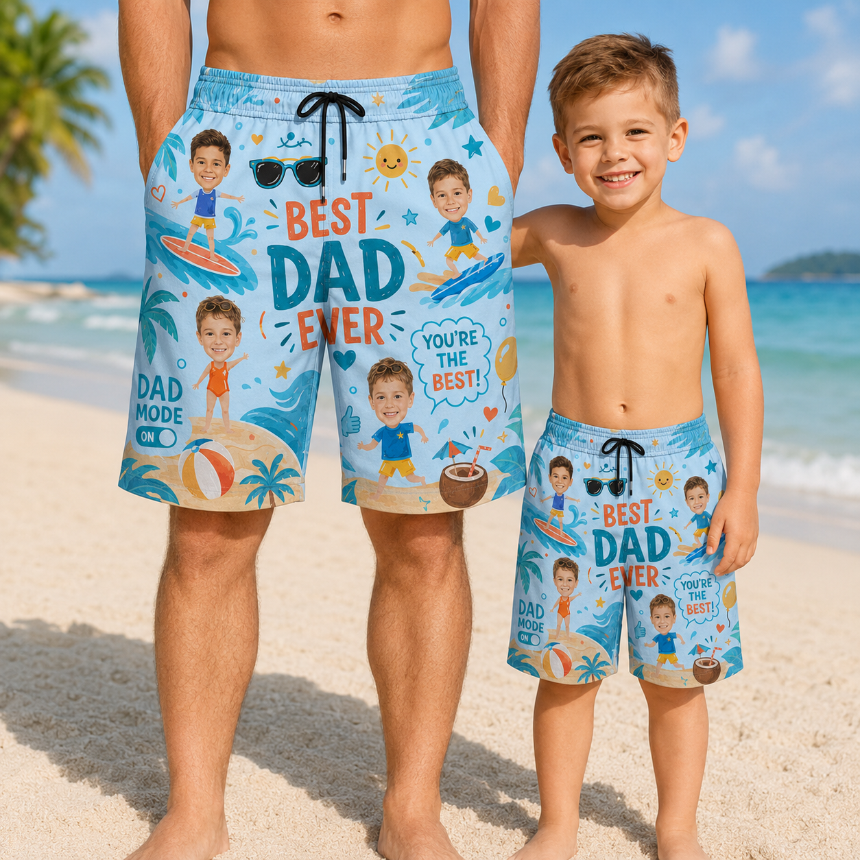 Custom Photo Best Dad Ever Summer Beach Shorts, Personalized Matching Swim Trunks, Tropical Family Vacation Gift