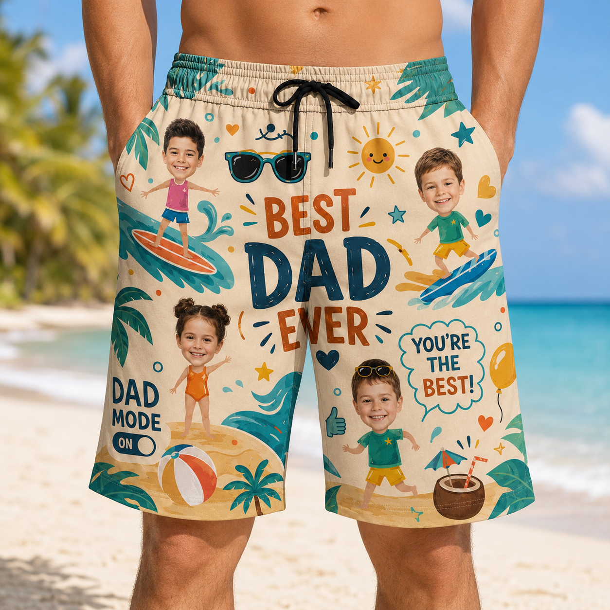 Custom Photo Best Dad Ever Summer Beach Shorts, Personalized Matching Swim Trunks, Tropical Family Vacation Gift