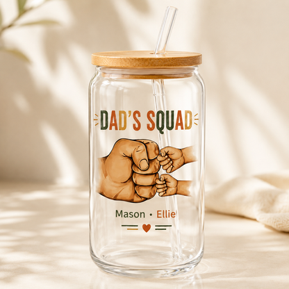 Custom Dad's Squad Glass 16oz | Personalized Dad Glass Cup with Bamboo Lid & Straw | Gift For Father TOM99