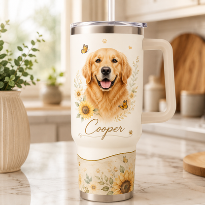 Custom Photo Dog Flower 40oz Tumbler | Gift For Dog Lovers | Pet Lover Gifts