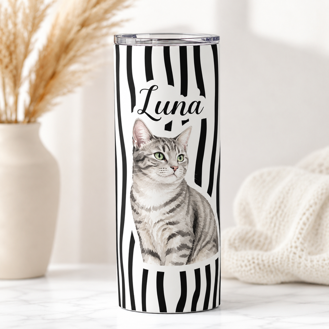 Personalized Photo Luna Cat Mom 20oz Skinny Tumbler – Custom Cat Photo Skinny Tumbler for Woman and Cat Owners TOM99
