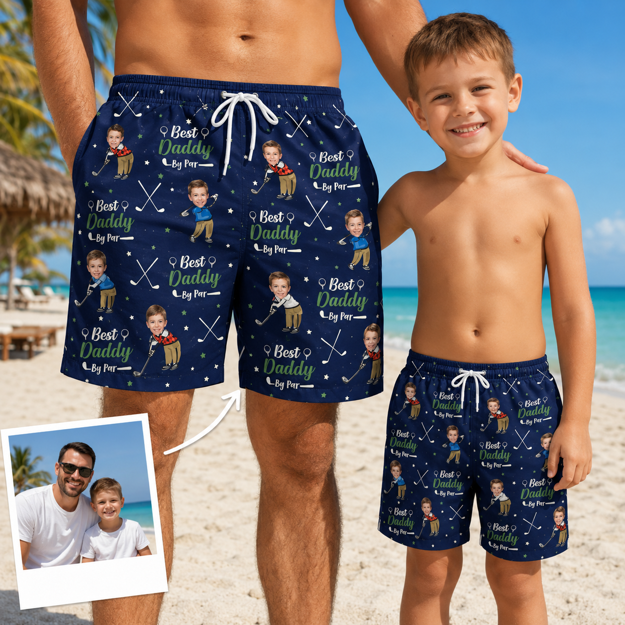 Custom Photo Best Daddy Summer Beach Shorts, Personalized Matching Swim Trunks, Tropical Family Vacation Gift