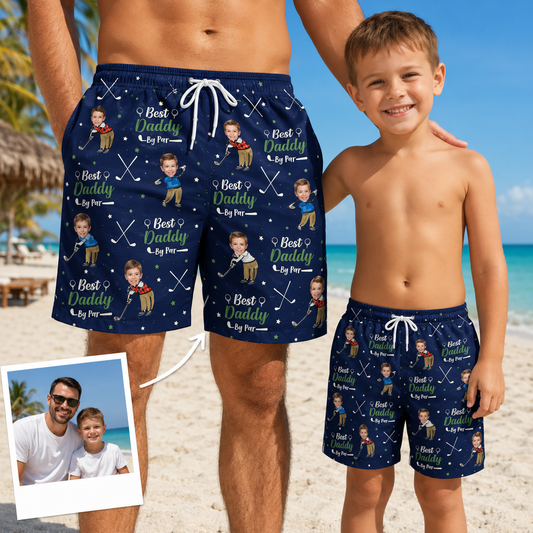 Custom Photo Best Daddy Summer Beach Shorts, Personalized Matching Swim Trunks, Tropical Family Vacation Gift