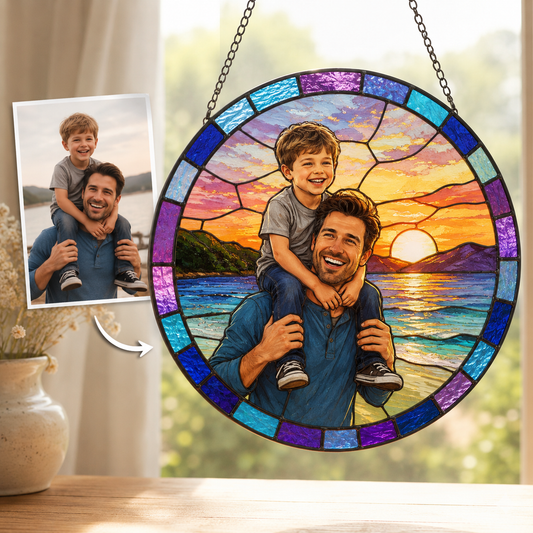 Custom Photo Dad & Son Stained Glass Suncatcher – Personalized Dad Gifts | Gift For Dad TOM99